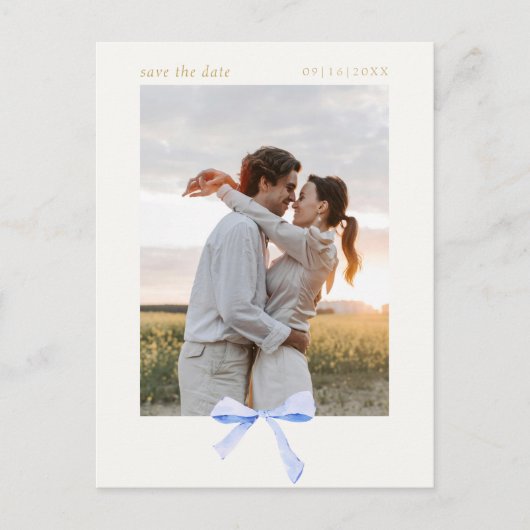 Dusty Blue Ribbon Bow | Aus Weiß Save the Date Postkarte (Vorderseite)