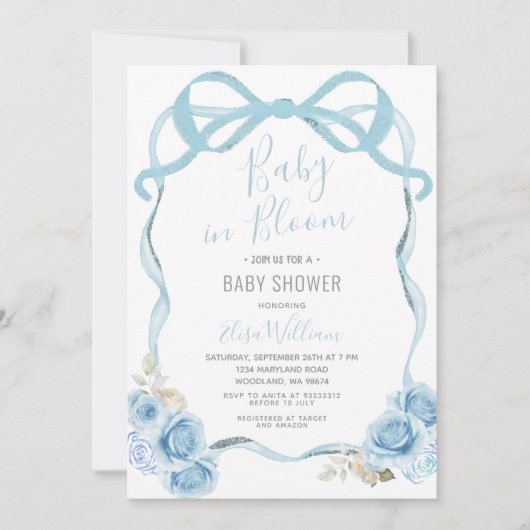 Dusty Blue Ribbon Bow Baby in Bloom Einladung (Vorderseite)