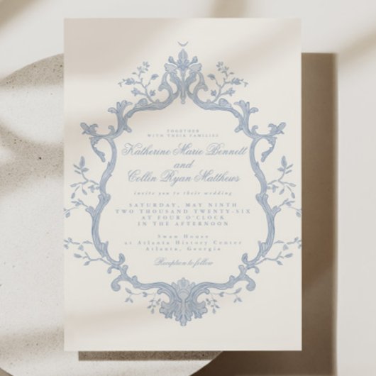 Dusty Blue Rococo Wedding Invitation Einladung