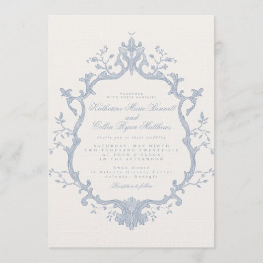 Dusty Blue Rococo Wedding Invitation Einladung (Vorderseite)