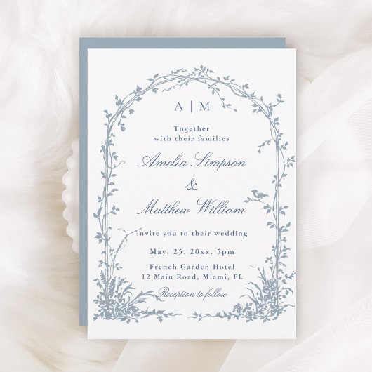 Dusty Blue Romantic Botanical Arch Garden Wedding  Einladung