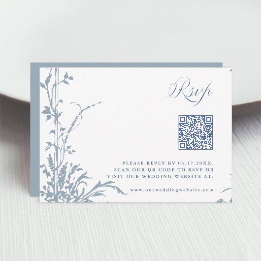 Dusty Blue Romantic Botanical Arch Garden Wedding RSVP Karte