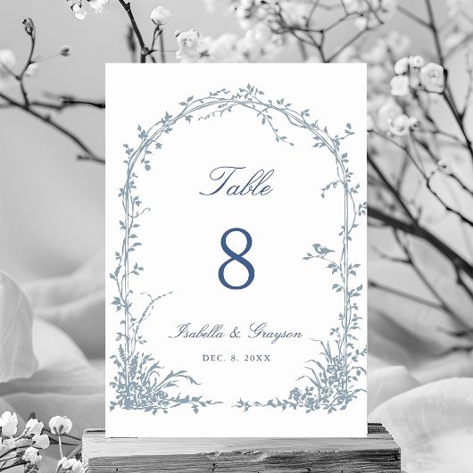 Dusty Blue Romantic Botanical Arch Garden Wedding Tischnummer