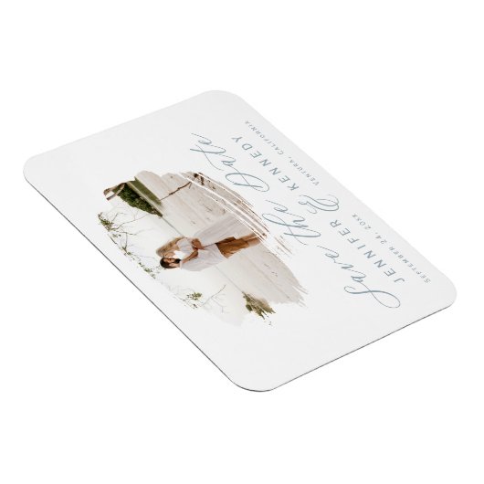 Dusty Blue Romantic Brushed Frame Save The Date Magnet (Rechte Seite)