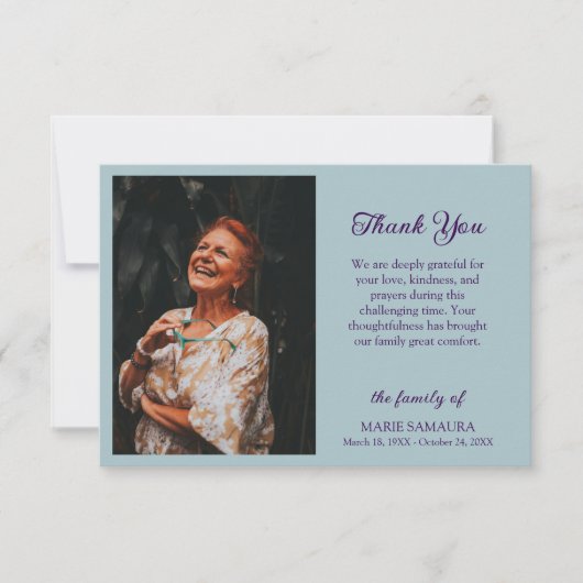 Dusty Blue Romantic Customize Photo Funeral Dankeskarte (Vorderseite)