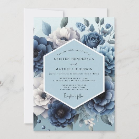Dusty Blue Romantic Flora Wedding Einladung (Vorderseite)