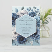 Dusty Blue Romantic Flora Wedding Einladung (Stehend Vorderseite)