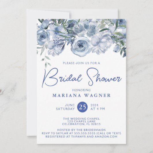 Dusty Blue Romantic Floral Brautparty Einladung (Vorderseite)