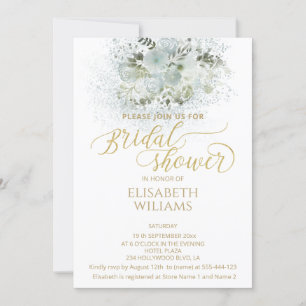 Dusty-blue romantic floral gold kalligraphie einladung