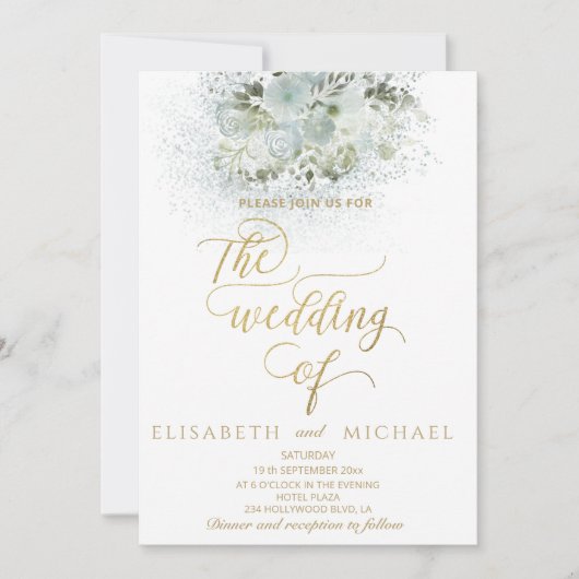 Dusty-blue romantic floral gold kalligraphie einladung (Vorderseite)