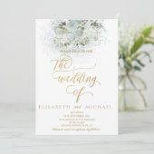 Dusty-blue romantic floral gold kalligraphie einladung (Stehend Vorderseite)