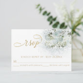 Dusty-blue romantic floral gold kalligraphie RSVP karte (Stehend Vorderseite)