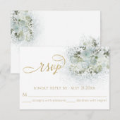 Dusty-blue romantic floral gold kalligraphie RSVP karte (Vorne/Hinten)