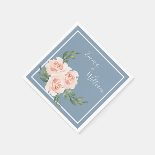 Dusty Blue Romantic Floral Modern Script Hochzeit Serviette (Ecke)