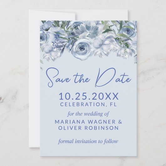Dusty Blue Romantic Floral Save the Date Einladung (Vorderseite)