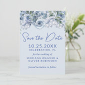 Dusty Blue Romantic Floral Save the Date Einladung (Stehend Vorderseite)