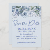 Dusty Blue Romantic Floral Save the Date Einladung (Vorne/Hinten)