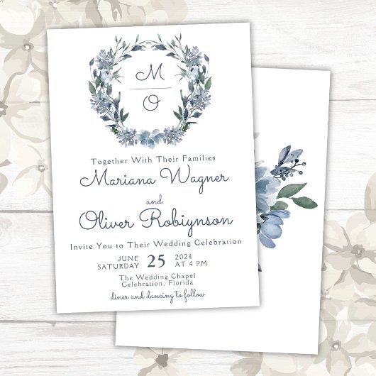 Dusty Blue Romantic Floral Wreath Wedding Einladung