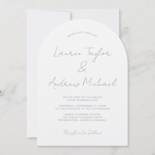 Dusty Blue Romantic Modern Arch Wedding Invitation Einladung (Vorderseite)