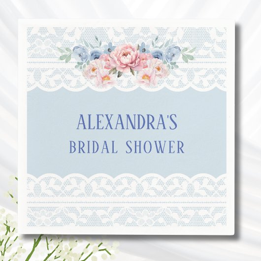 Dusty Blue Romantic Pink Peony Lace Brautparty Serviette