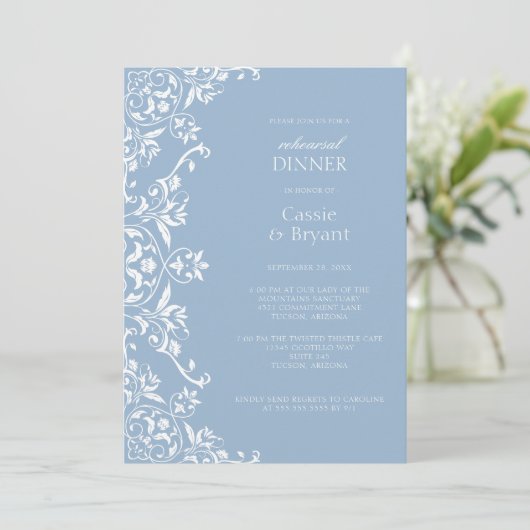 Dusty Blue Romantic Probe Dinner Einladung (Stehend Vorderseite)