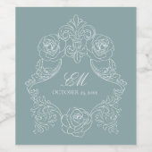 Dusty Blue Romantic Wappen Monogram Weinetikett (Einzelnes Label)