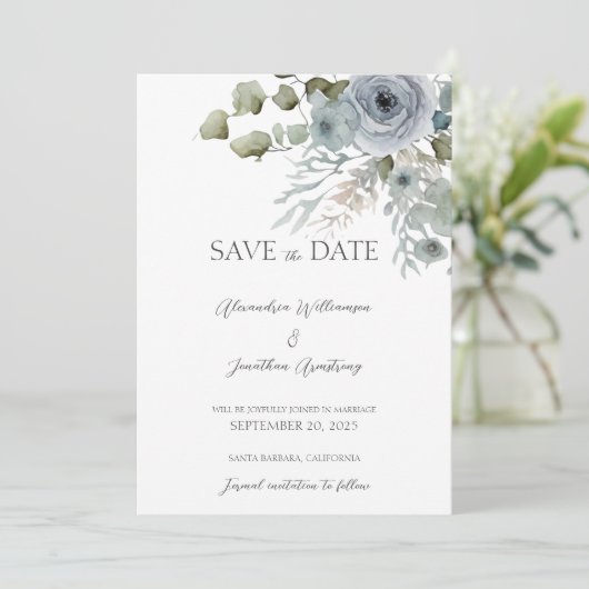 Dusty Blue Rose auf White Wedding Save The Date (Stehend Vorderseite)