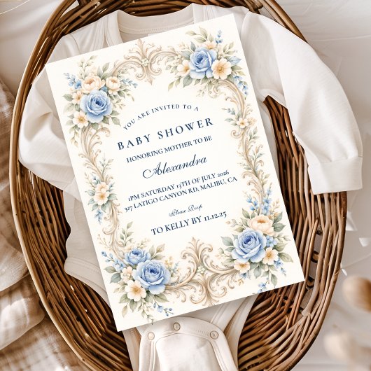 Dusty Blue Rose Baroque Baby Shower Einladung