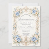 Dusty Blue Rose Baroque Quinceañera Einladung (Vorderseite)