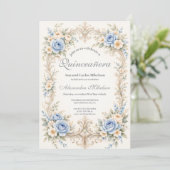 Dusty Blue Rose Baroque Quinceañera Einladung (Stehend Vorderseite)