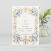 Dusty Blue Rose Baroque Quinceañera Save The Date (Stehend Vorderseite)