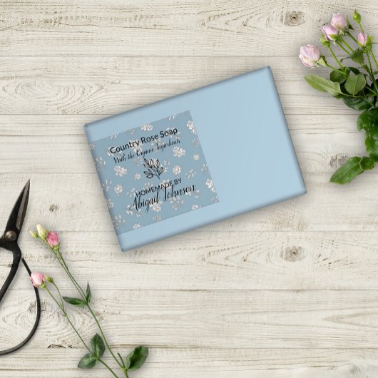 Dusty Blue Rose Blätter Line Art Modern Soap Label Rechteckiger Aufkleber