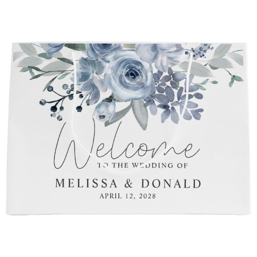 Dusty Blue Rose Blume Boho Welcome Wedding Große Geschenktüte (Vorderseite)