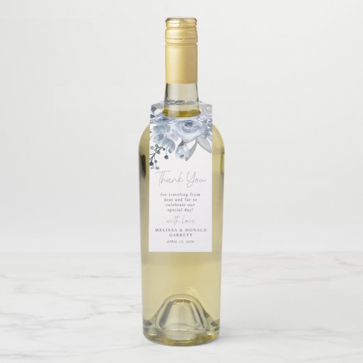 Dusty Blue Rose Blume Script Wedding Vielen Dank Flaschenanhänger (Auf Flasche)