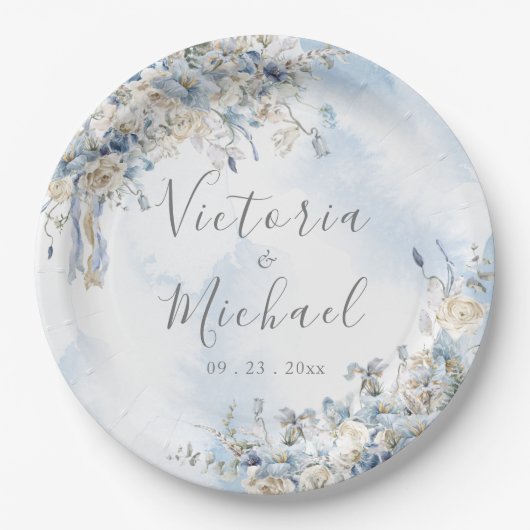 Dusty Blue Rose Blumenwasser Hochzeit Pappteller (Vorderseite)