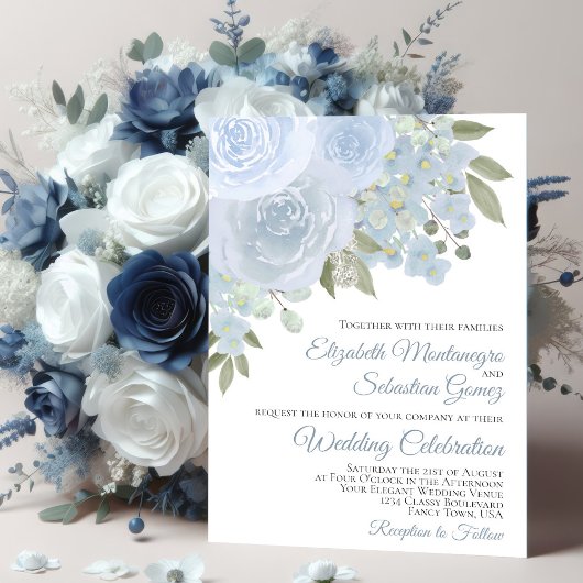 Dusty Blue Rose & Blüten Elegante Hochzeit Einladung