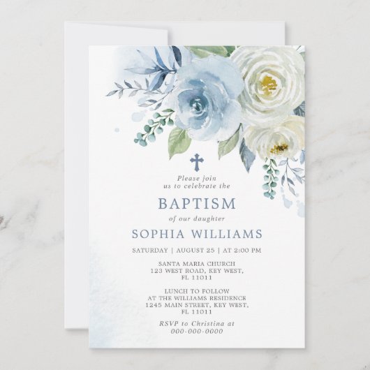 Dusty Blue Rose Blütentaufen Einladung (Vorderseite)