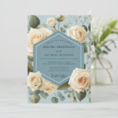 Dusty Blue Rose Botanical Wedding Einladung (Stehend Vorderseite)