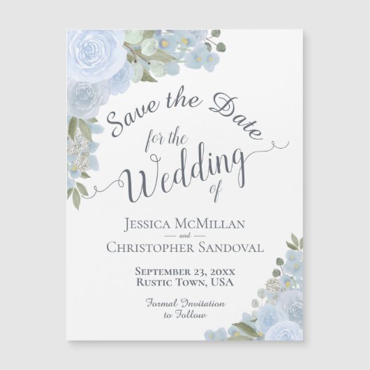 Dusty Blue Rose Calligraphy Speichern Sie das Datu Magnetkarte (Vorderseite)
