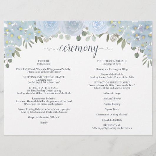 Dusty Blue Rose DIY Fold Katholic Wedding Program (Rückseite)