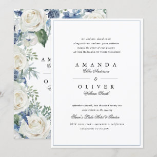 Dusty Blue Rose Floral Elegante Klassische Hochzei Einladung