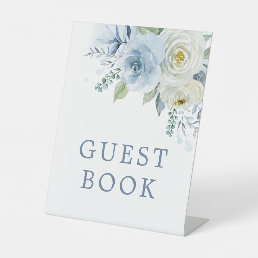 Dusty Blue Rose Floral Shower Guest Book Sign Sockelschild (Vorderseite)