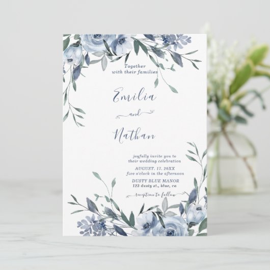 Dusty Blue Rose Floral Wedding Einladung (Stehend Vorderseite)