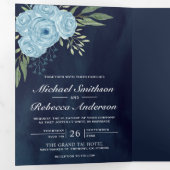 Dusty Blue Rose Foto Collage Navy Blue Wedding Dreifach Gefaltete Einladung (Innen Erste Seite)