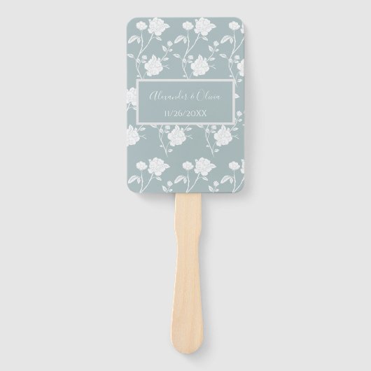 Dusty Blue Rose Gastgeschenk Hochzeit Handfan Fächer (Vorderseite)