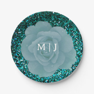 Dusty Blue Rose Glittery Monogram Elegant Wedding Pappteller