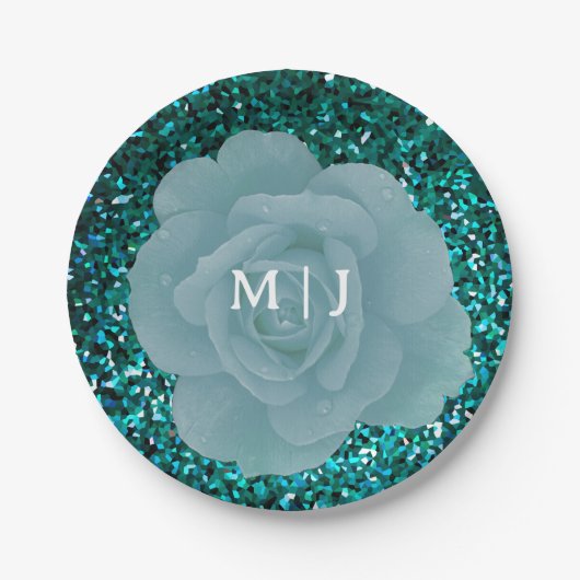 Dusty Blue Rose Glittery Monogram Elegant Wedding Pappteller (Vorderseite)