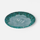 Dusty Blue Rose Glittery Monogram Elegant Wedding Pappteller (Schrägansicht)