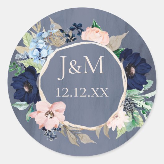 Dusty Blue Rose Gold Aquarellfarben Runder Aufkleber (Vorderseite)