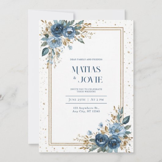 Dusty Blue Rose & Gold Botanische Hochzeit Einladung (Vorderseite)